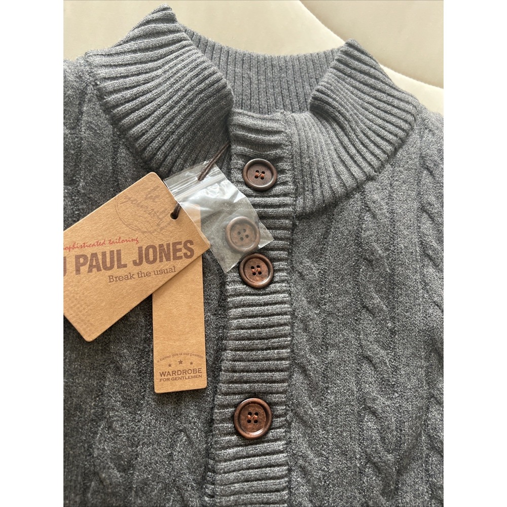 New PJ Paul Jones Men's Button Stand Collar Cable Knit Cardigan Sweater Size Med - Picture 4 of 5